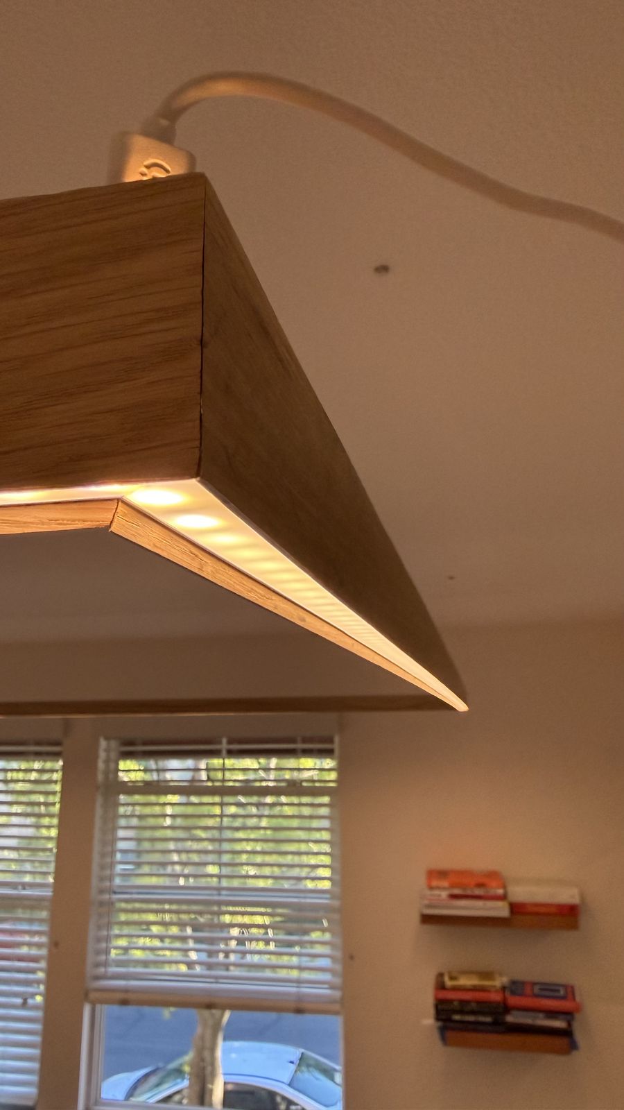 Pendant installed in a living space, warm light