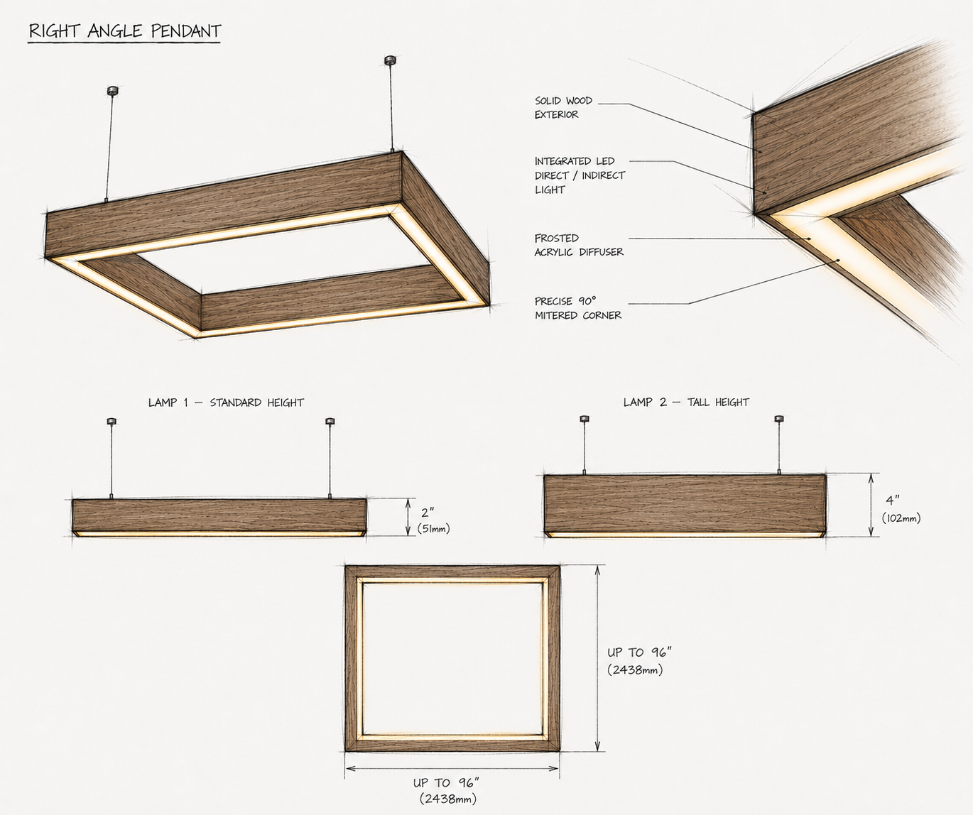 Original concept sketch of the Right Angle Pendant, showing construction and dimensions